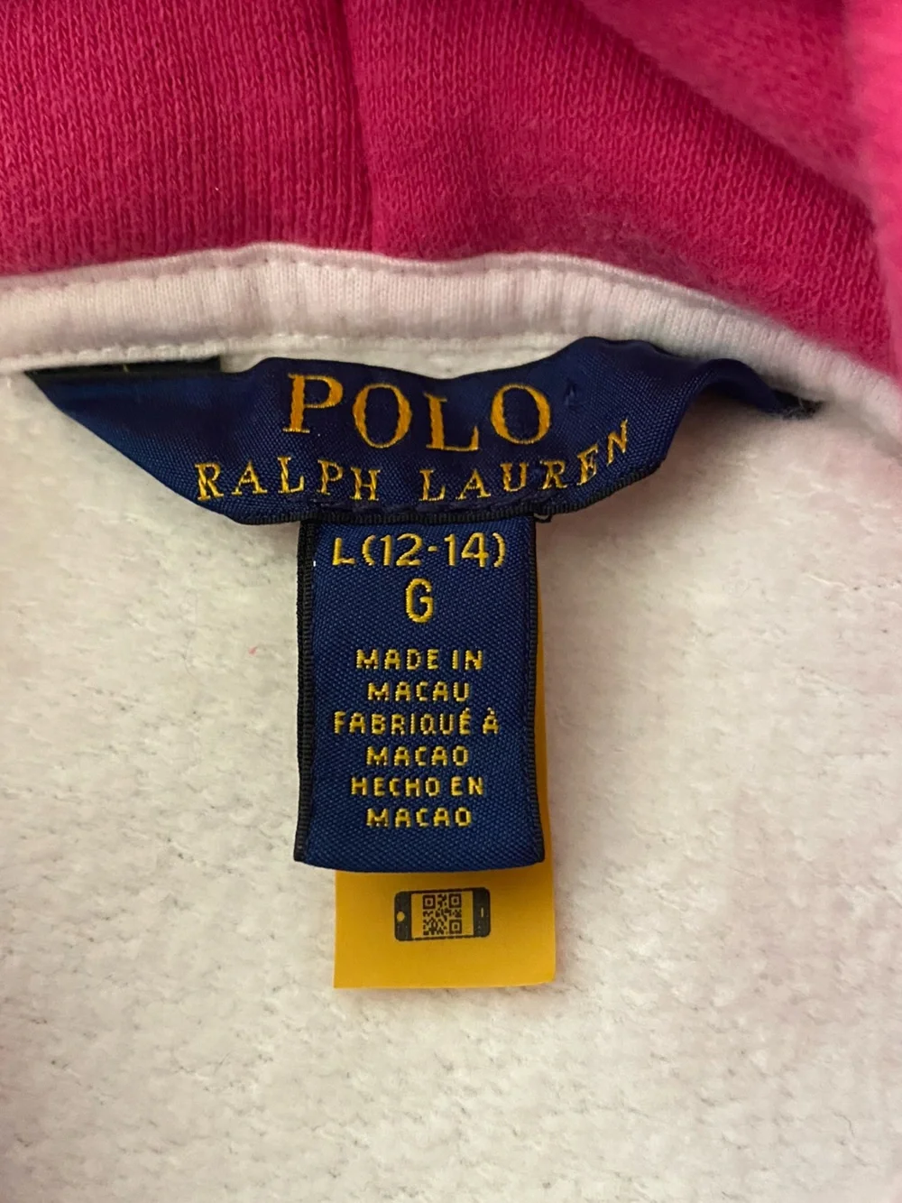 Ralph Lauren Fleece Hoodie with Pink Hood & Navy Cuffs - Polo Bear Graphic